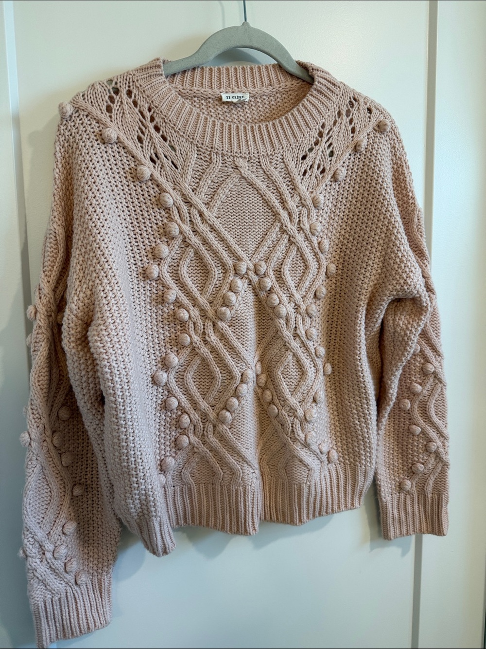 En Creme Blush Pink Pom-Pom Cable Knit Crewneck Sweater